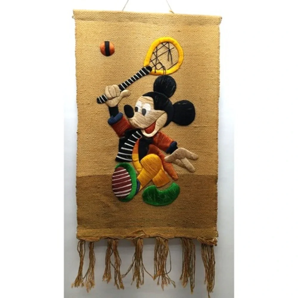 MICKEY MOUSE Woven Burlap Vintage‎ Wall Hanging Tapestry Embroidery Plays Tennis